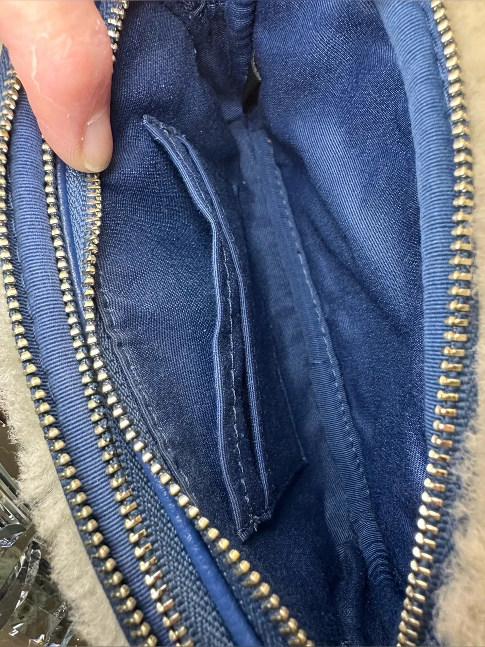 Coach Blue Pebbled Leather Crossbody with White Shearling Trim